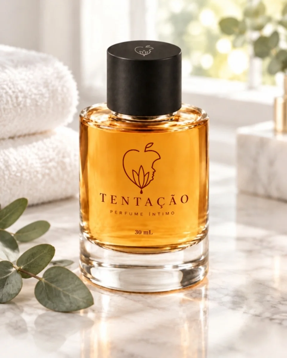 Tentação Perfume Íntimo na bancada do banheiro, ao lado de toalhas
